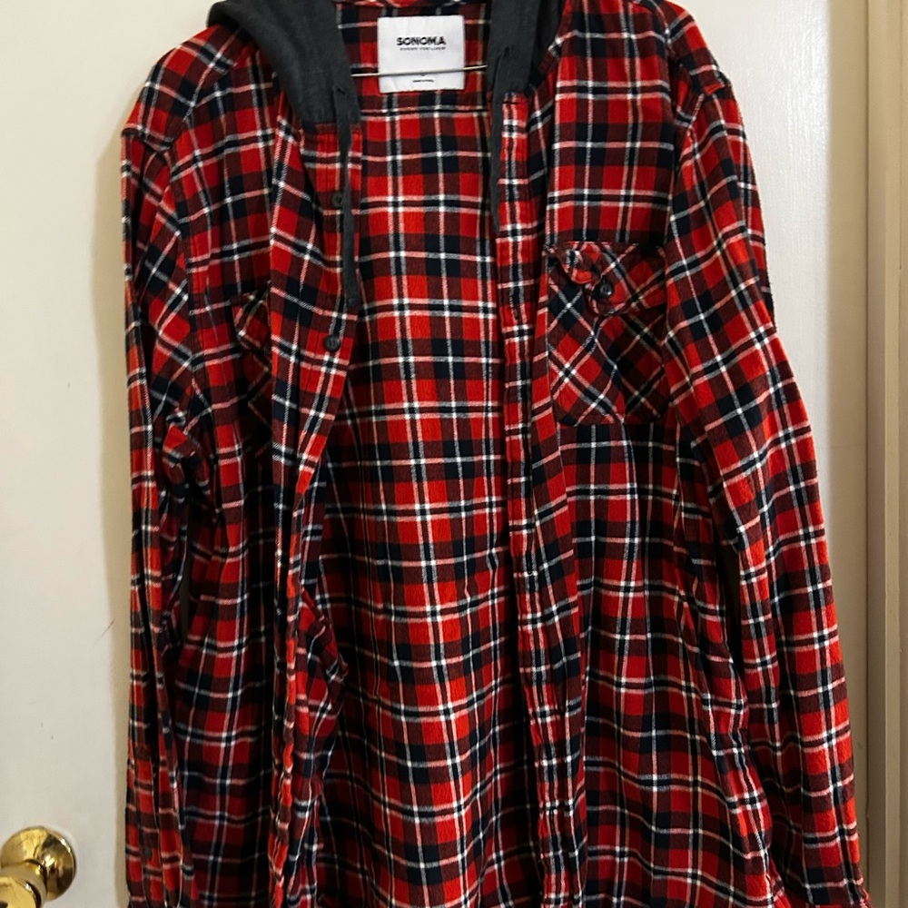 Sonoma Orange and Blue Plaid Hooded Flannel